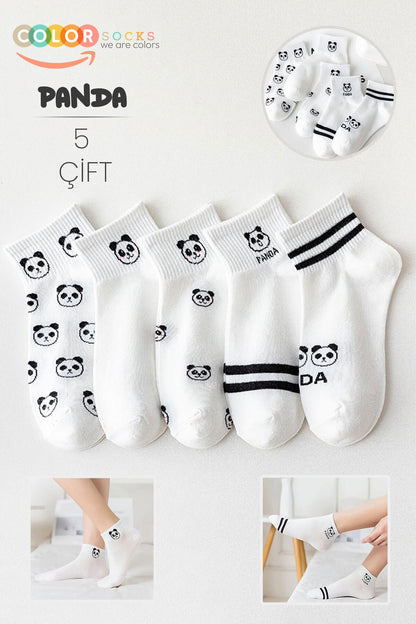 Color Socks 5 Çift Beyaz Panda Desenli Yarım Kolej Kadın Çorap Seti Beyaz