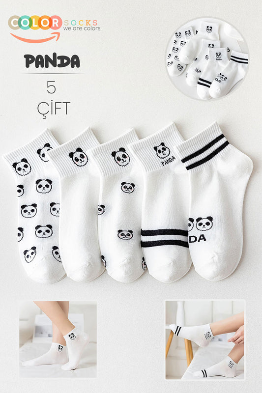 Color Socks 5 Çift Beyaz Panda Desenli Yarım Kolej Kadın Çorap Seti Beyaz