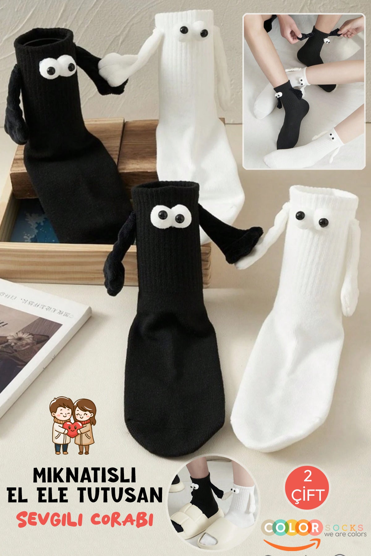 Color Socks 2 Çift Siyah Beyaz Sevgili Çorabı Mıknatıslı El Ele Tutuşan Siyah-Beyaz