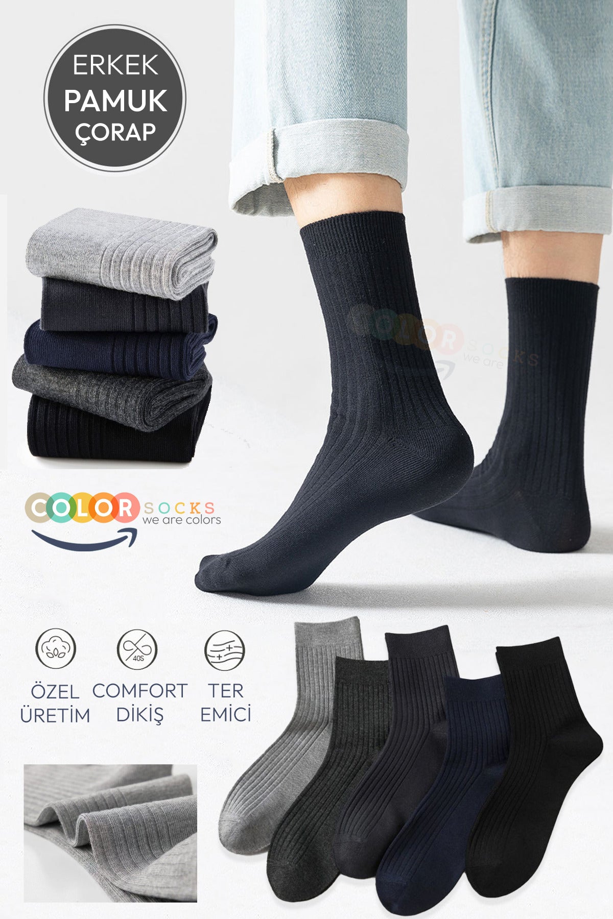 Color Socks 5 Çift Erkek Çorap Basic Fitilli Pamuk Soket (YAZLIK ÇORAP) Çok Renkli