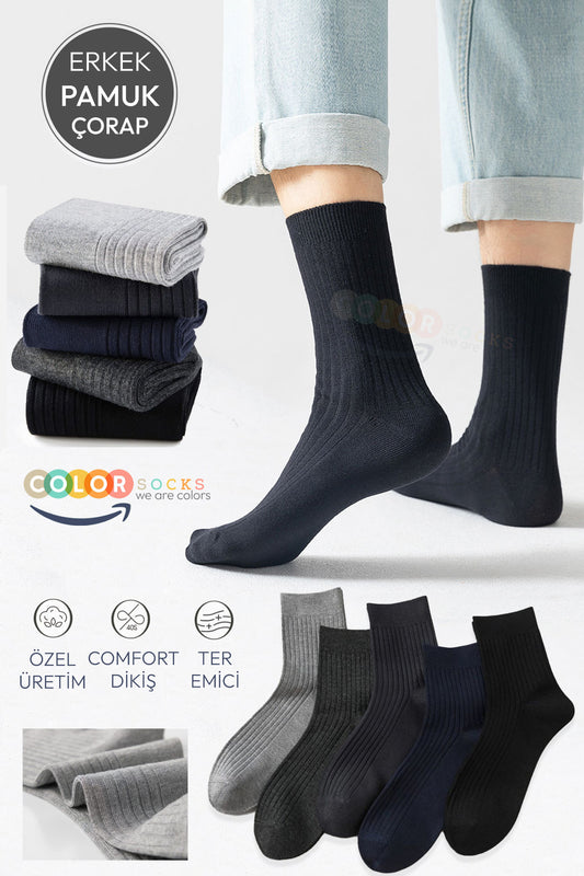 Color Socks 5 Çift Erkek Çorap Basic Fitilli Pamuk Soket (YAZLIK ÇORAP) Çok Renkli