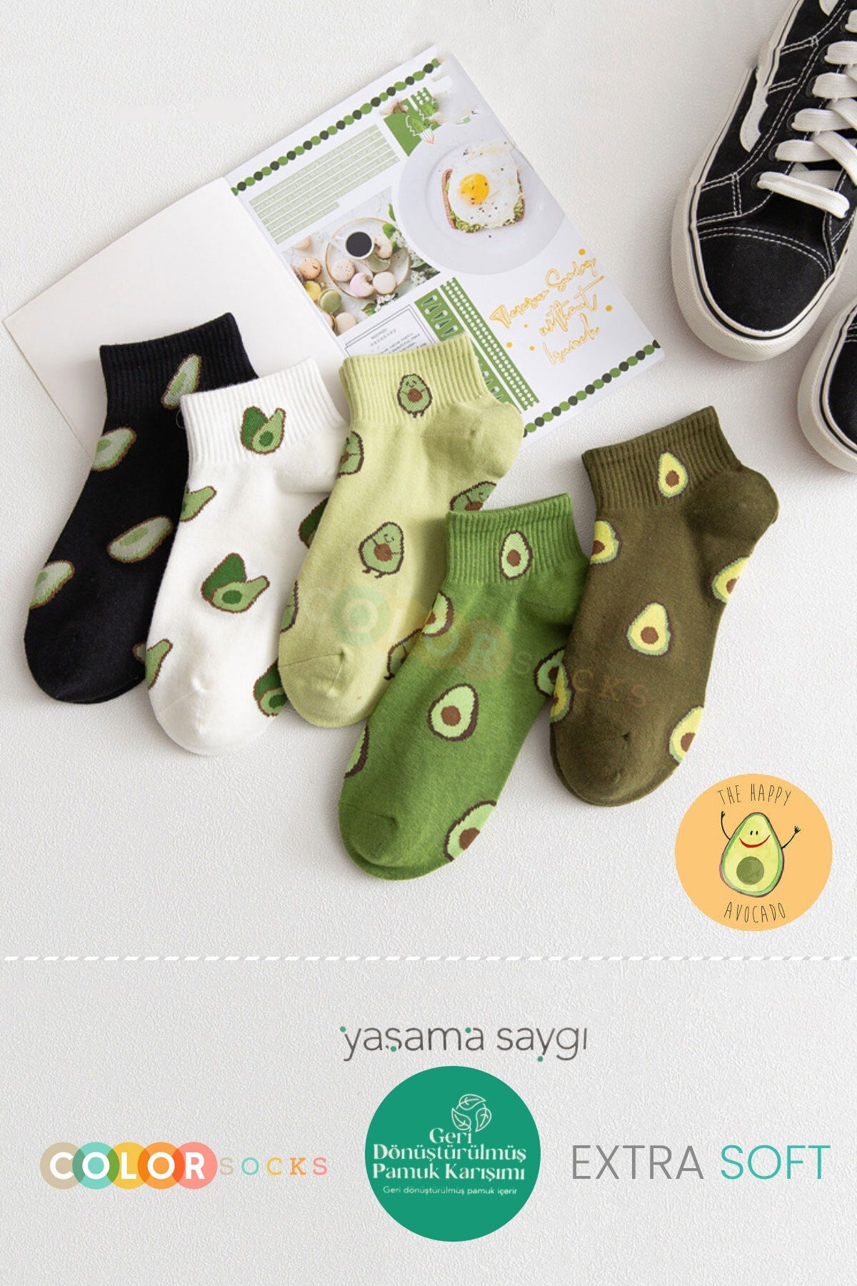 Color Socks 5 Çift Sevimli Avakadolar Kadın Çorap Seti (ANTİBAKTERİYEL) Çok Renkli