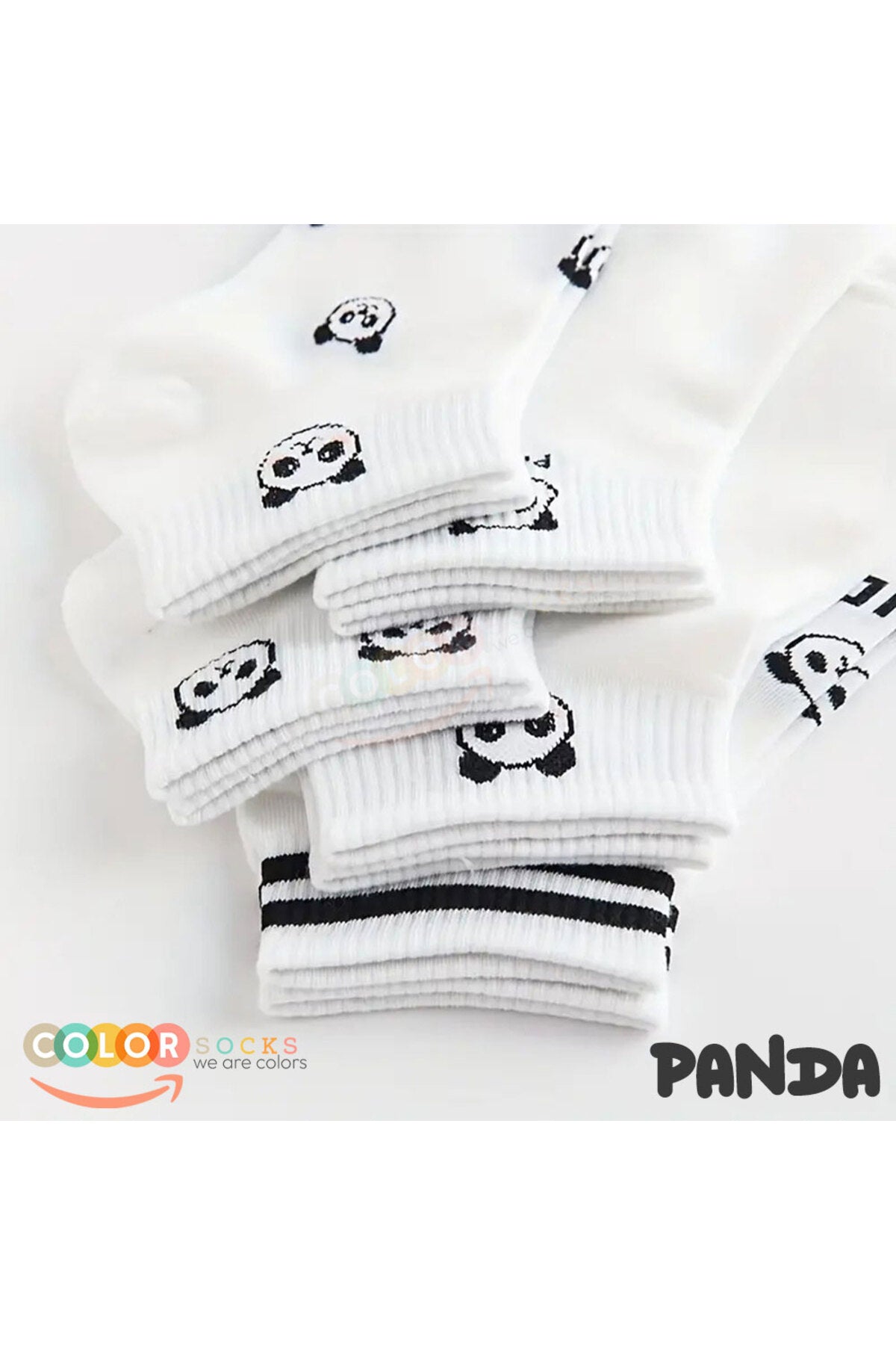 Color Socks 5 Çift Beyaz Panda Desenli Yarım Kolej Kadın Çorap Seti Beyaz