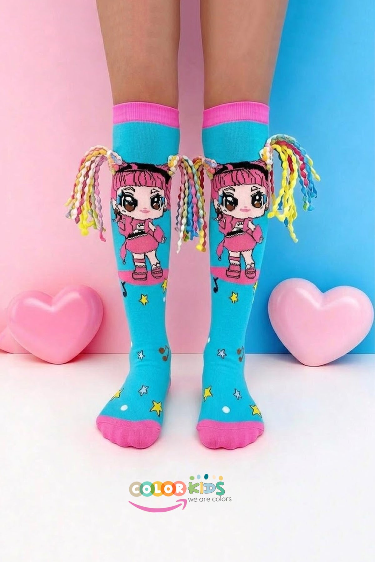 Color Socks 🎉1 Çift Örgü Saç Desenli Animasyon Kız Çocuk Çorap (Topuksuz) Turkuaz