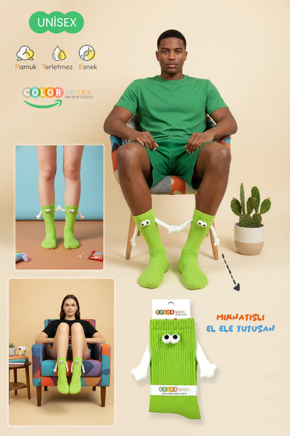 Color Socks 1 Çift Yeşil El Ele Tutuşan Mıknatıslı Çorap Seti (Unisex) TOPUKSUZ Yeşil