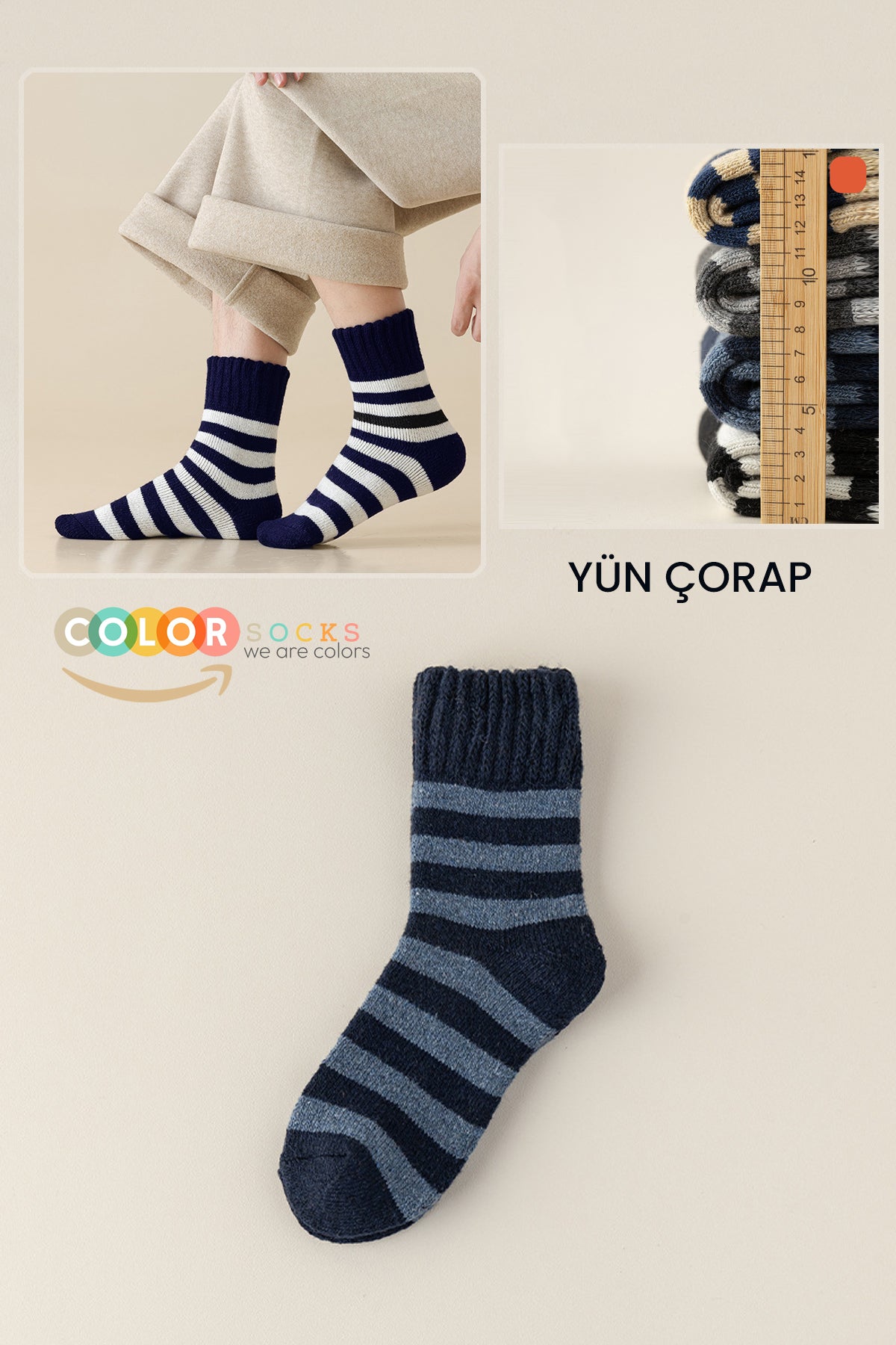 Color Socks 1 Çift Lacivert Çizgili Yün Kışlık Çorap (Isı Emici) Lacivert