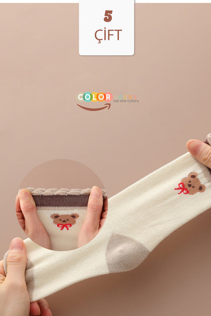 Color Socks 5 Çift Bear Desenli Kız Çocuk Çorap Seti (Extra Soft) Çok Renkli