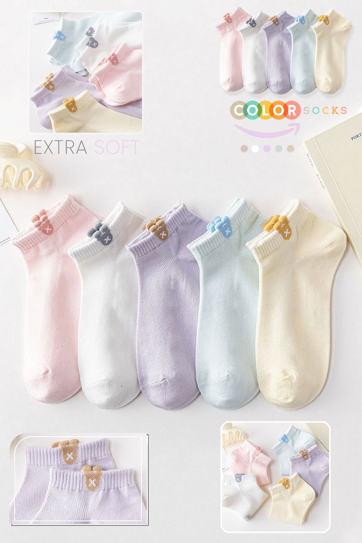 Color Socks 5'li Japon Kore Tarzı Kadın Kısa Patik Yazlık Çorap Çok Renkli