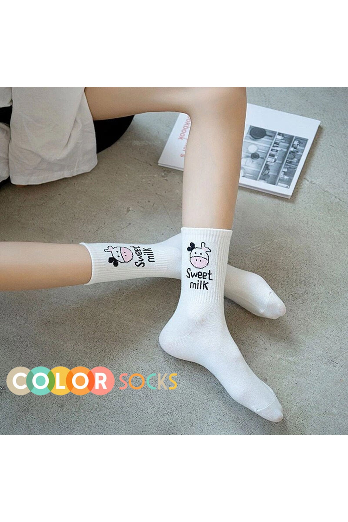Color Socks 5 Çift Kadın Inek Desenli Çorap Beyaz Siyah