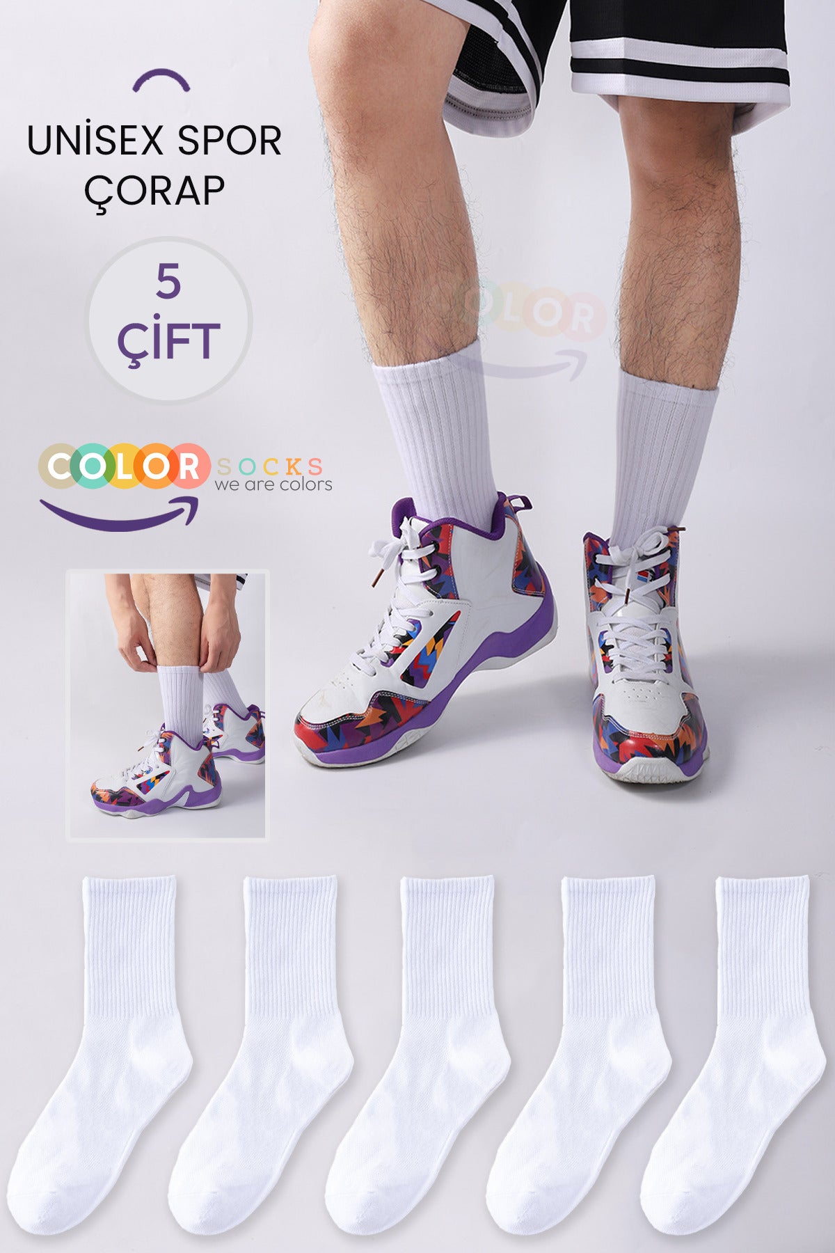 Color Socks 5 Çift Uzun Spor Çorap Pamuklu (SOKET BOY) Beyaz