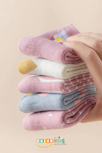 Color Socks 5 Çift Puantiyeli Desenli Kız Çocuk İçi Polarlı Kışlık Çorap Çok Renkli