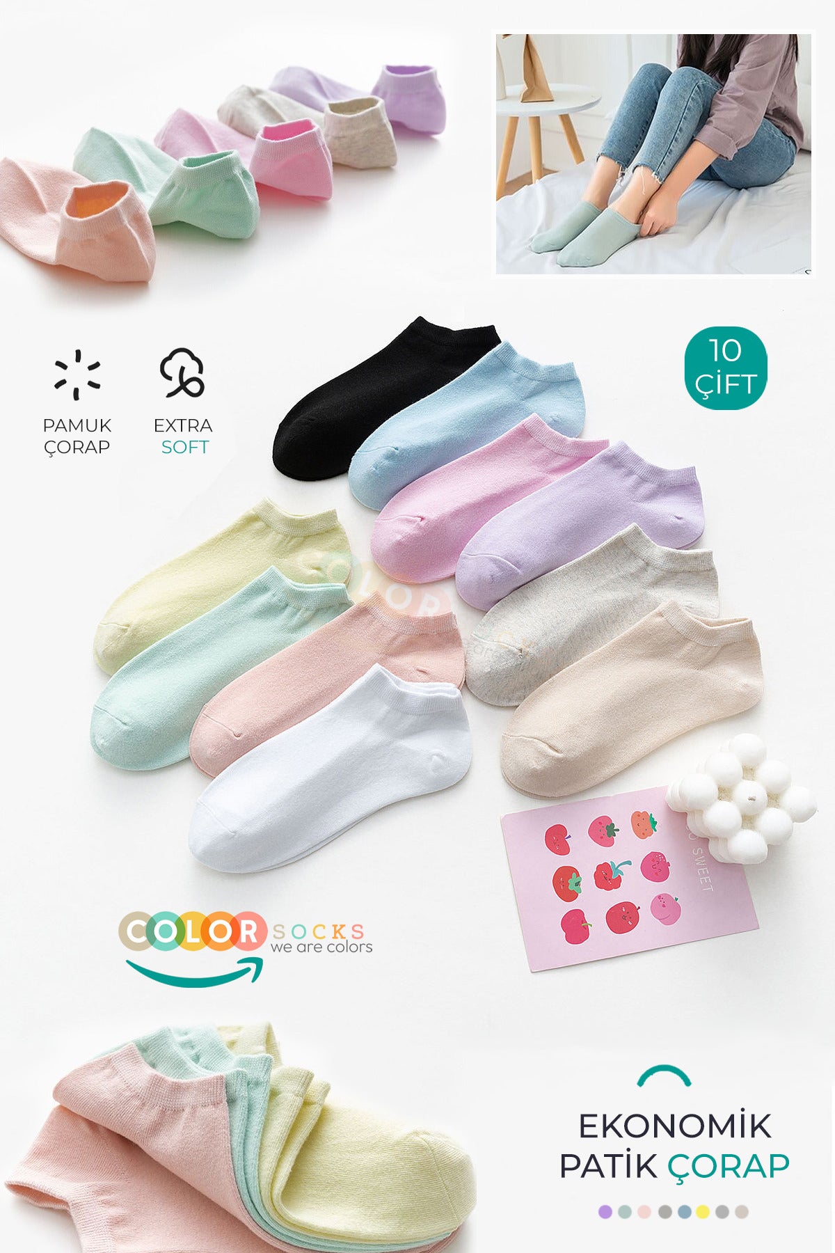 Color Socks 10 Çift Patik Kadın Ekonomik Pamuk Esnek Çorap Seti Çok Renkli