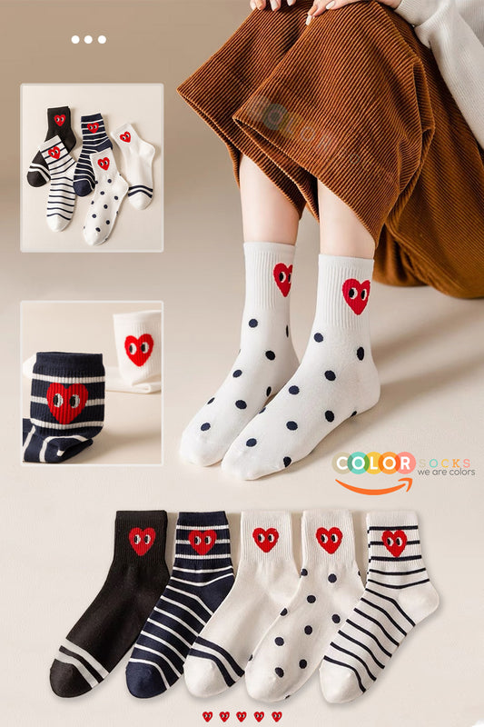 Color Socks 5 Çift Kalp Desenli Pamuklu Çorap Seti (Extra Soft) Beyaz Siyah