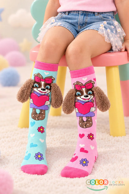 Color Socks 1 Çift Turkuaz & Pembe Peluş Kulaklı Sevimli Köpek Desenli Çorap (TOPUKSUZ) Çok Renkli