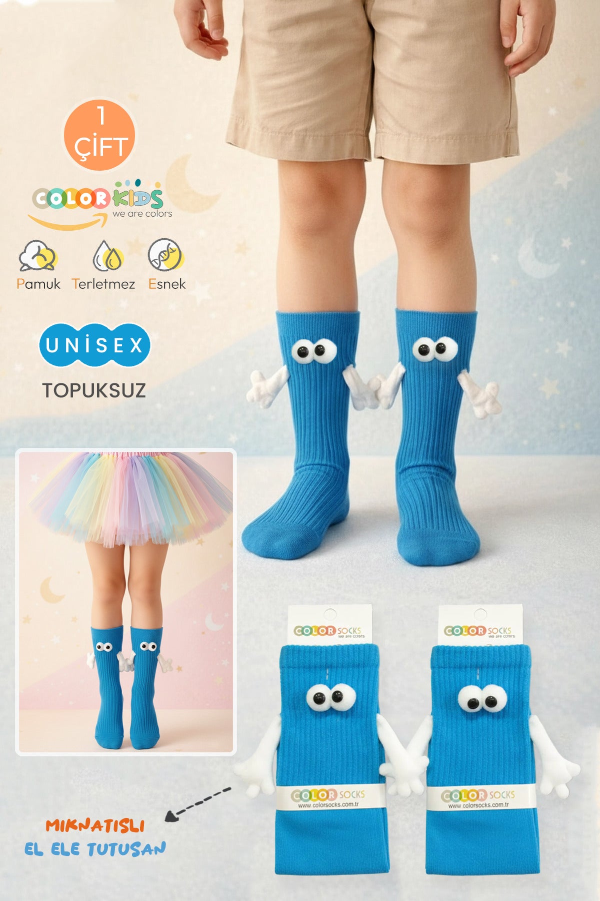 Color Socks Mavi Çocuk Mıknatıslı El Ele Tutuşan Çoraplar (Topuksuz) Mavi