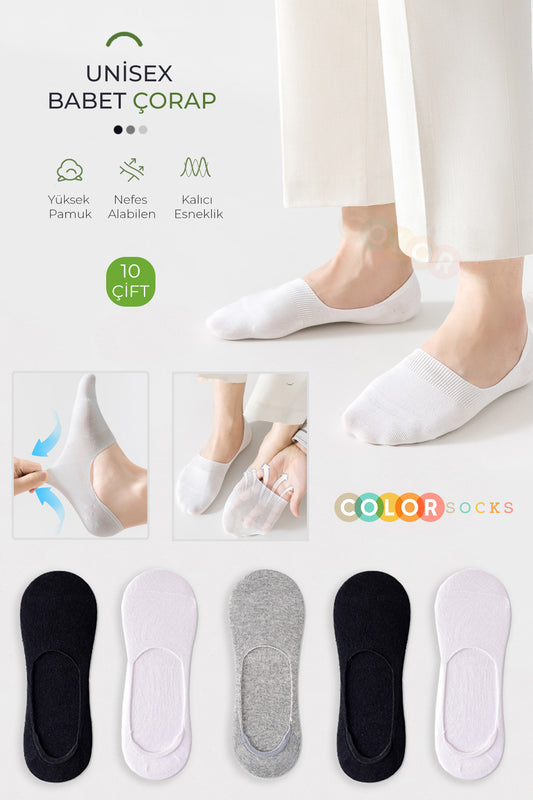 Color Socks 10 Çift Yazlık Unisex Babet Çorap Seti (TERLETMEZ) Çoklu Renk
