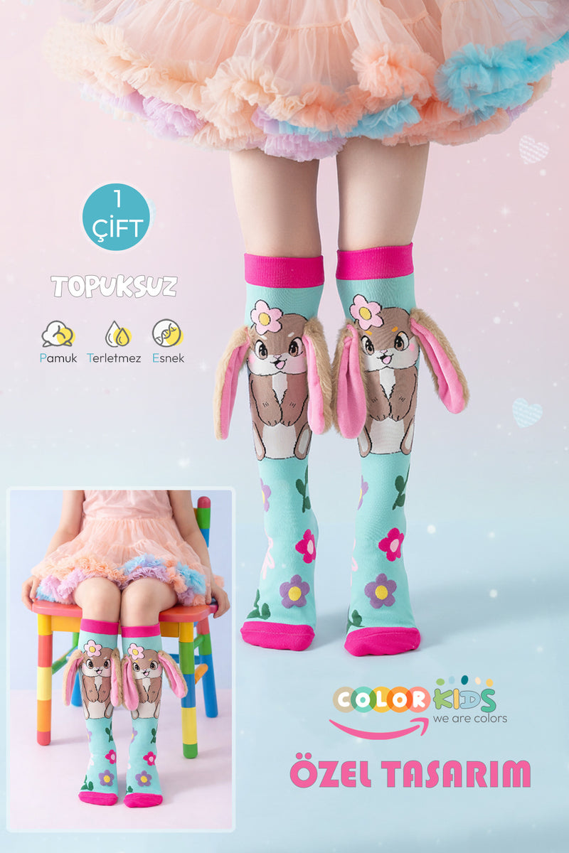 Color Socks 🌟 1 Çift Tavşan Peluş Kulaklı Kız Çocuk Çorap (Topuksuz) Turkuaz
