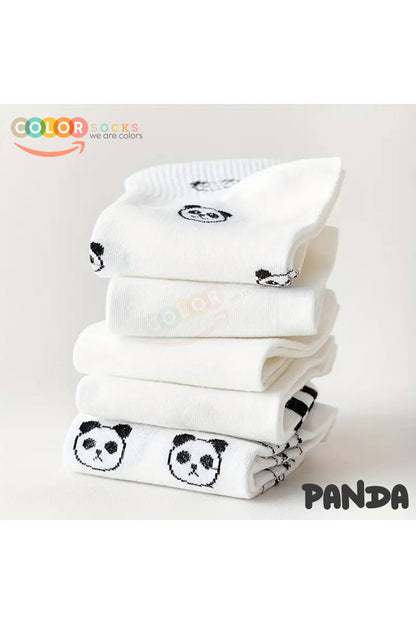Color Socks 5 Çift Beyaz Panda Desenli Yarım Kolej Kadın Çorap Seti Beyaz