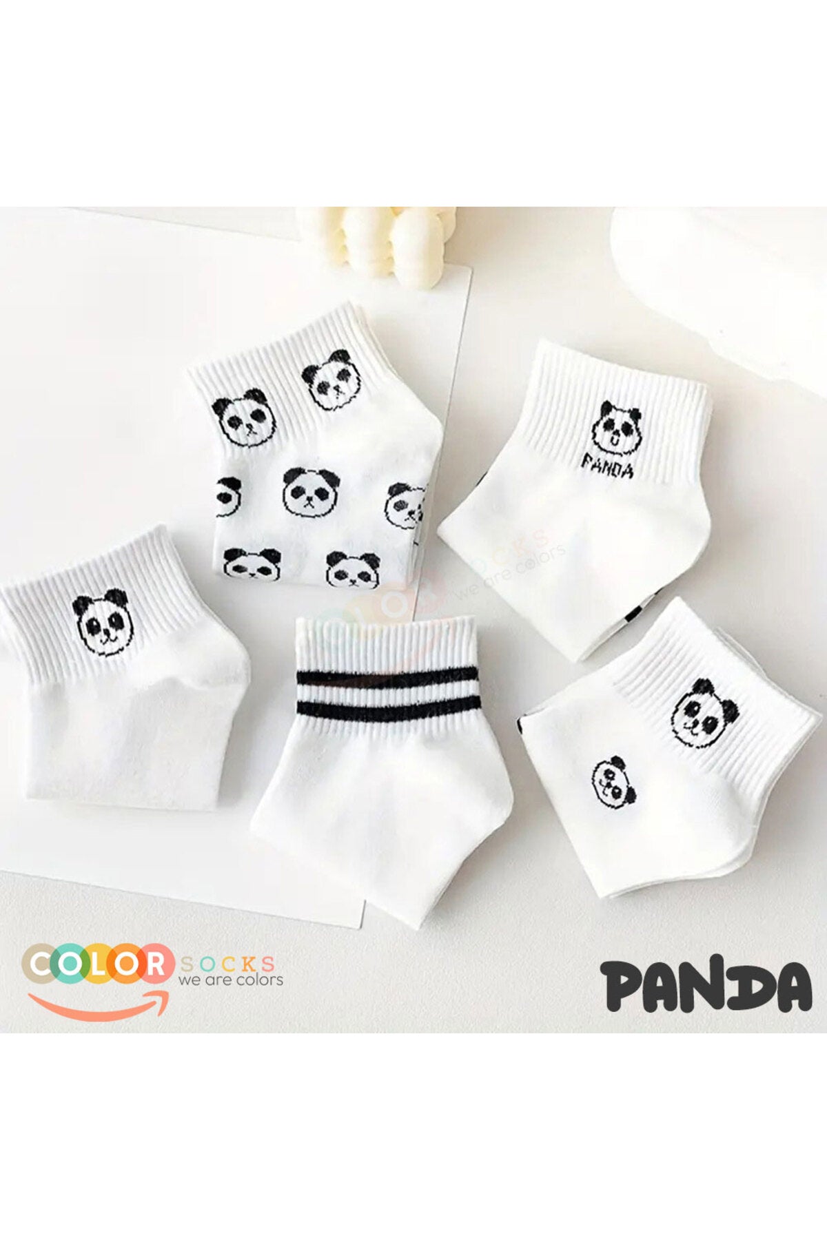 Color Socks 5 Çift Beyaz Panda Desenli Yarım Kolej Kadın Çorap Seti Beyaz