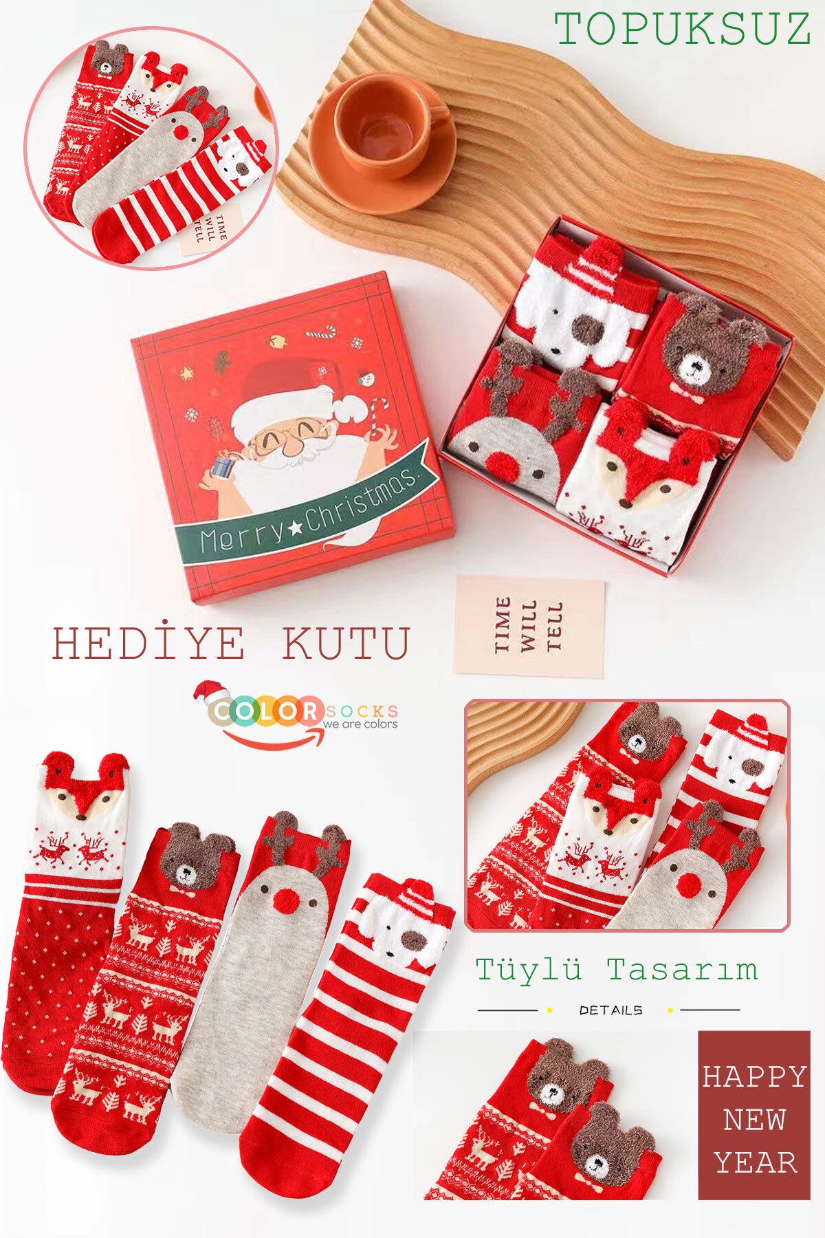 Color Socks 4 Çift Yılbaşı Kutulu Tüylü Hediye Çorap Seti (Topuksuz) Çok Renkli