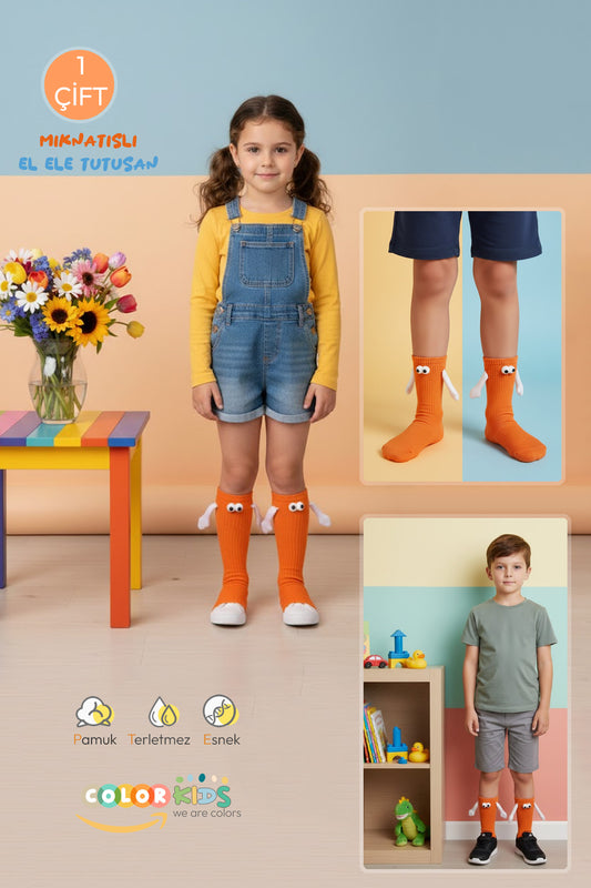 Color Socks Turuncu Çocuk Mıknatıslı El Ele Tutuşan Çorap Turuncu