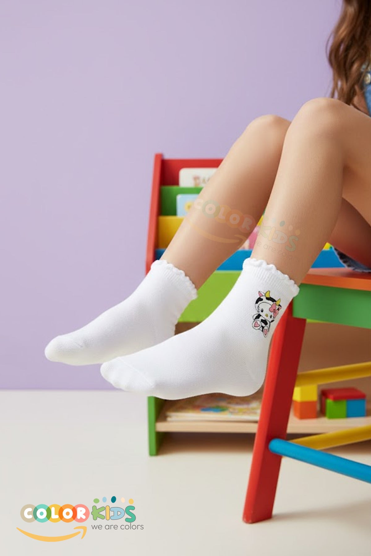 Color Socks 5 Çift Çocuk Fırfırlı Beyaz Çizgi Karakterli Desenli Çorap Beyaz