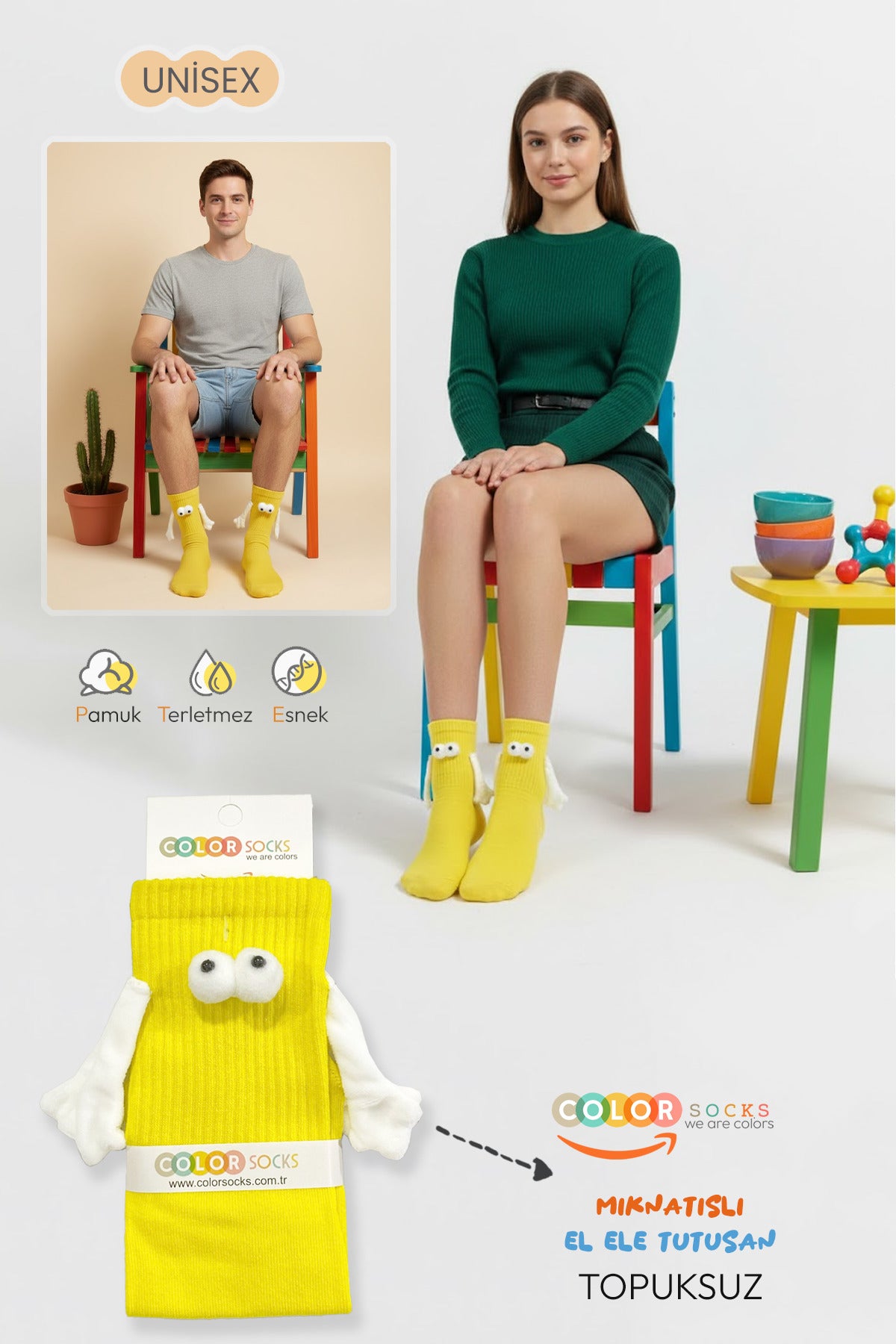 Color Socks 1 Çift Sarı El Ele Tutuşan Gözlü Mıknatıslı Çorap Seti (UNİSEX) Sarı