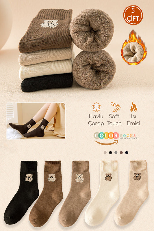 Color Socks 5 Çift Havlu Teddy Desenli Kışlık Kadın Çorap (Isı Emici) Çok Renkli