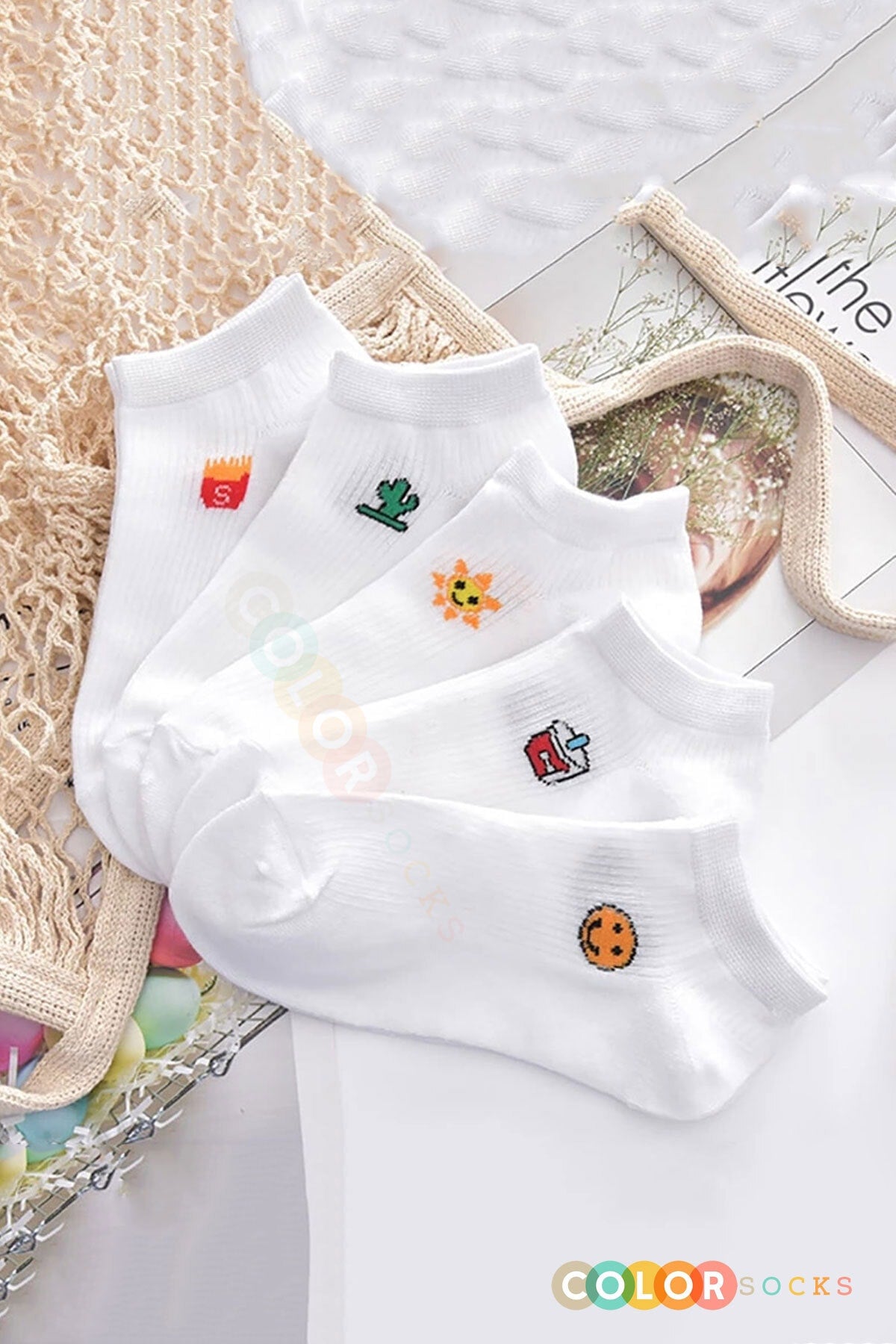 Color Socks 5 Çift Eğlenceli Desenli Kadın Çorap Seti Beyaz