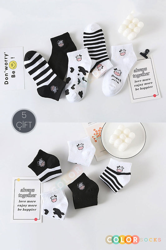 Color Socks 5 Çift Sevimli Inek Desenli Yarım Konç Kadın Çorap Çok Renkli