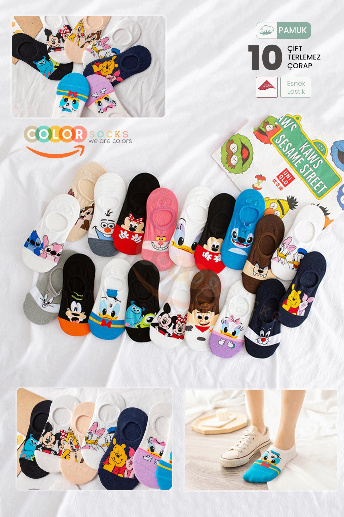 Color Socks 10 Çift Eğlenceli Sevimli Karakter Kadın Çorap (EXTRA SOFT) Çok Renkli