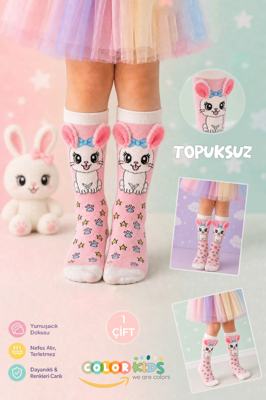 Color Socks 🌞 1 Çift Kedi Peluş Pembe Renk Kulaklı Çocuk Çorap (Topuksuz) Pembe