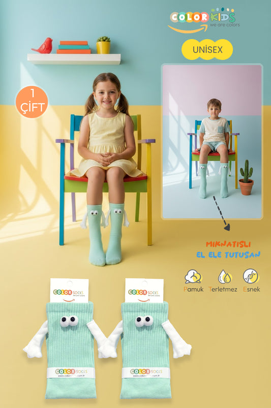 Color Socks Turkuaz Çocuk Mıknatıslı El Ele Tutuşan Çoraplar (Topuksuz) Turkuaz
