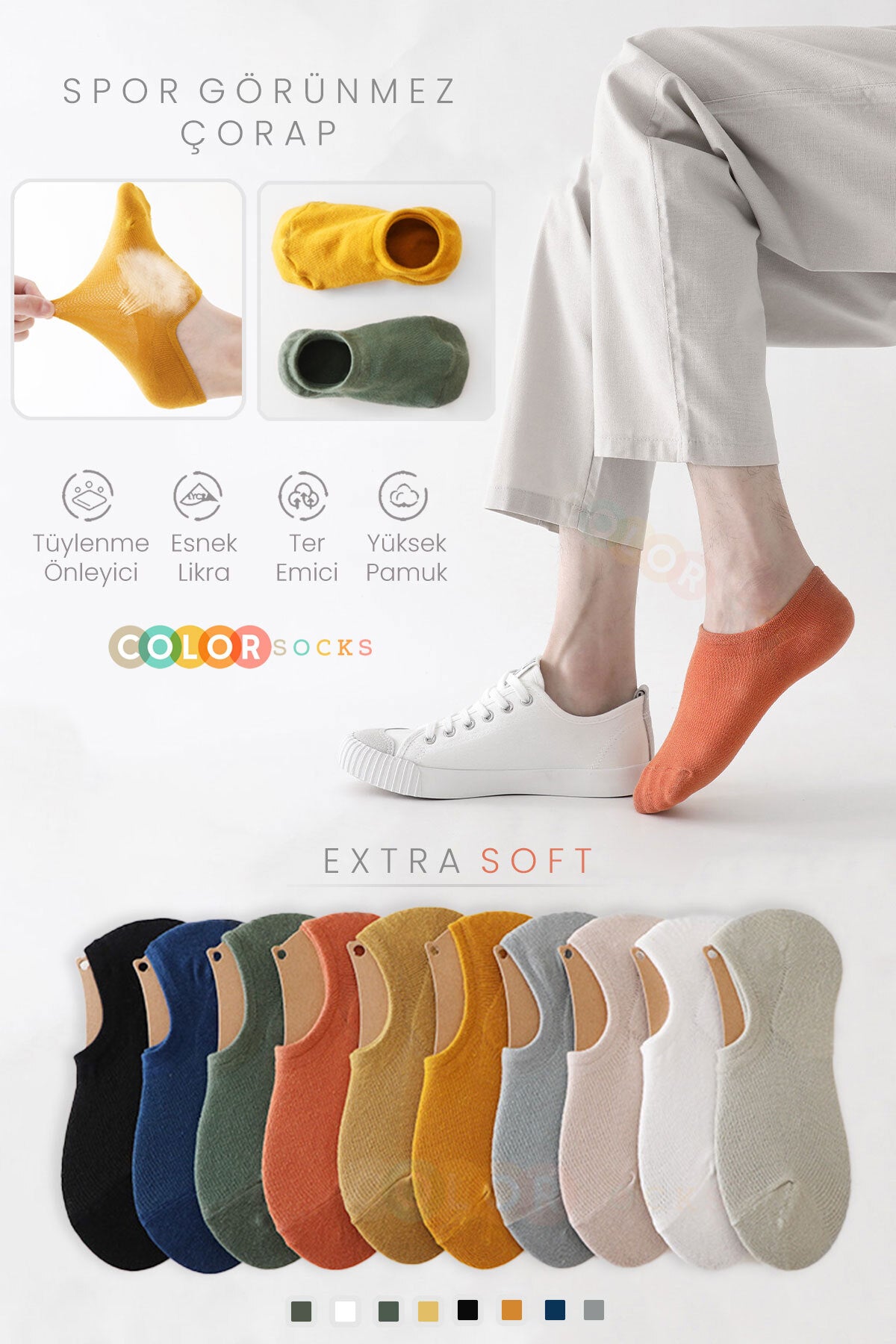 Color Socks 7 Çift Erkek Sneakers Yazlık Spor Çorap Seti (NEFES ALABİLEN) Çok Renkli