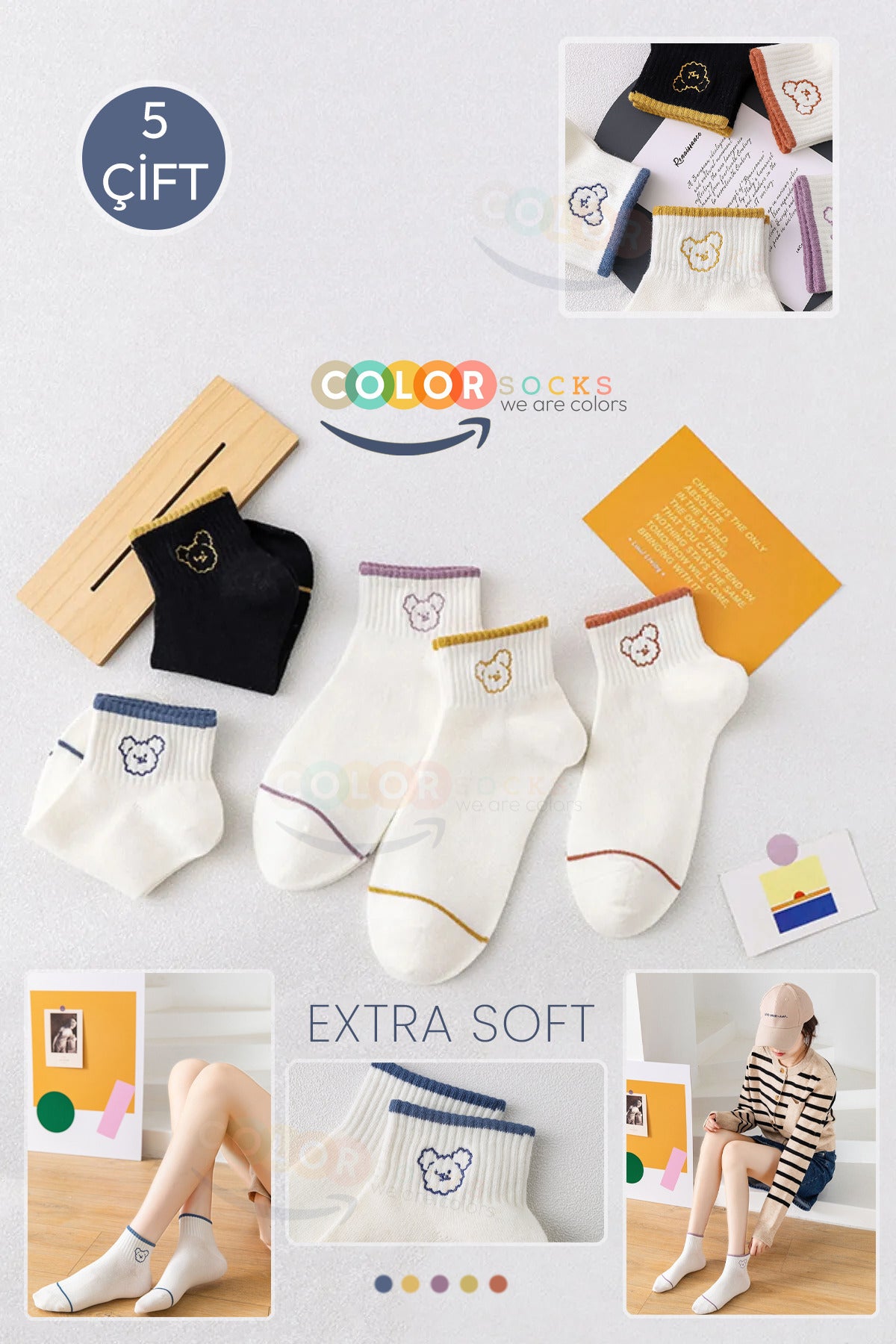 Color Socks 5 Çift Sevimli Panda Desenli Tenis Kolej Çorap (EXTRA SOFT) Çok Renkli