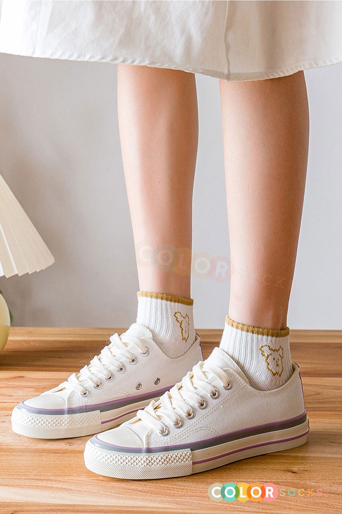 Color Socks 5 Çift Sevimli Panda Desenli Tenis Kolej Çorap (EXTRA SOFT) Çok Renkli