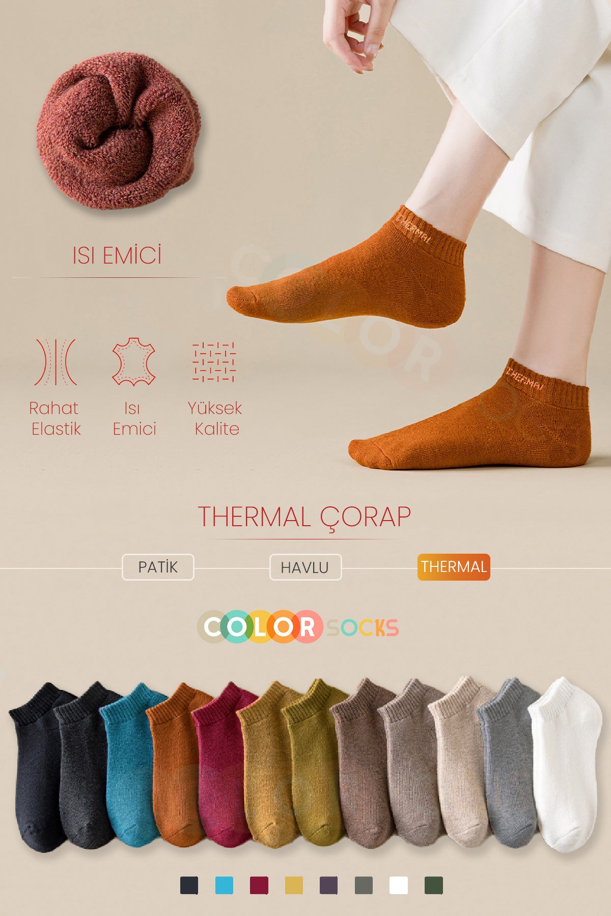 Color Socks 5 Çift Patik Havlu Termal Çorap Seti (Isı Emici) Karışık