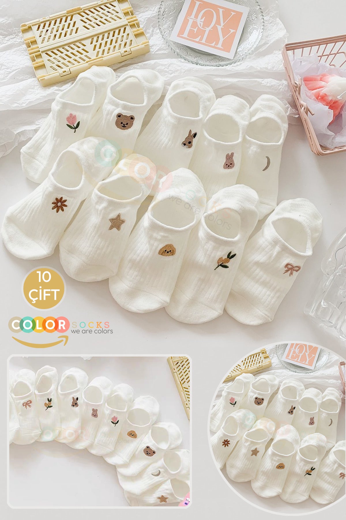 Color Socks 10'lu Ekru İlkbahar - Yaz Desenli Kadın Görünmez Babet Çorap (Extra Soft) Ekru