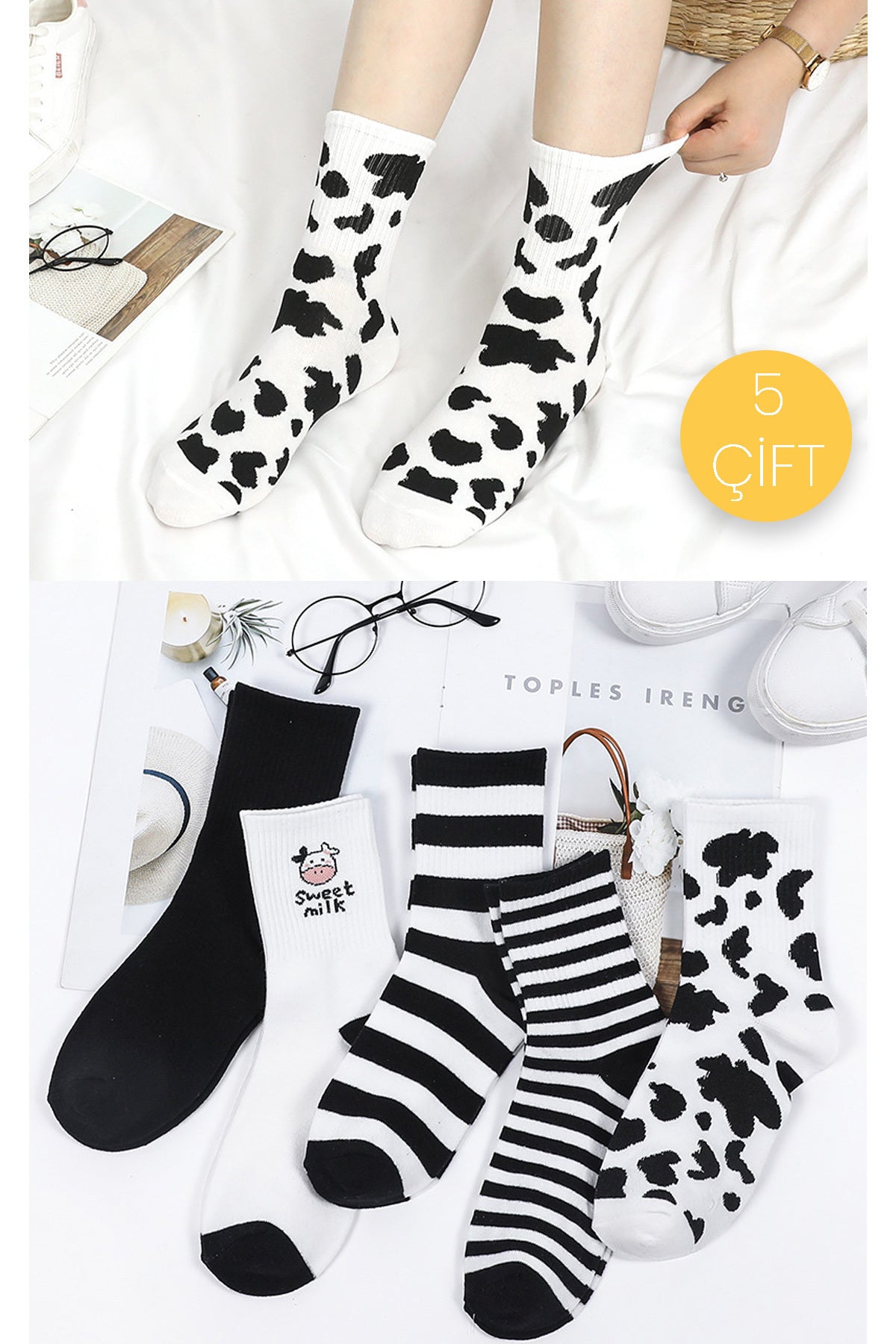 Color Socks 5 Çift Kadın Inek Desenli Çorap Beyaz Siyah