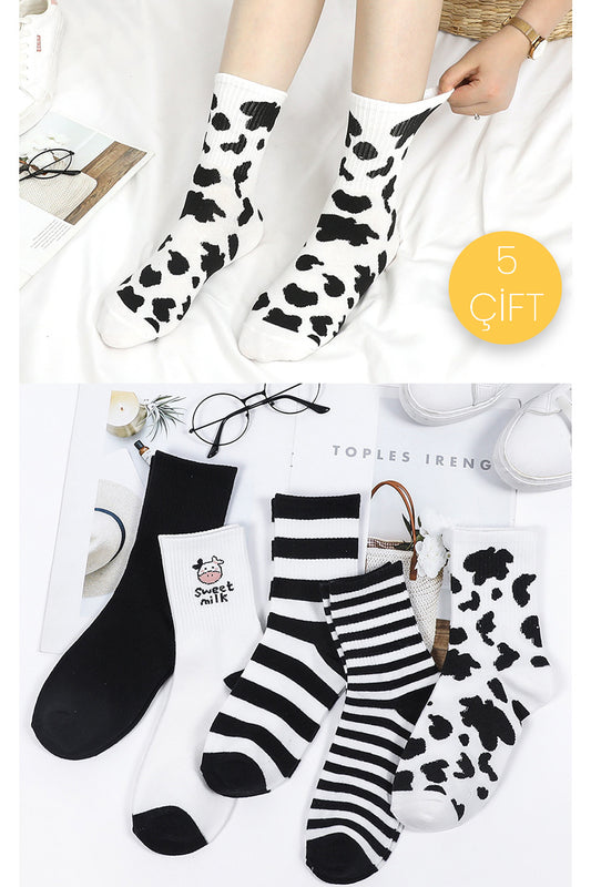 Color Socks 5 Çift Kadın Inek Desenli Çorap Beyaz Siyah