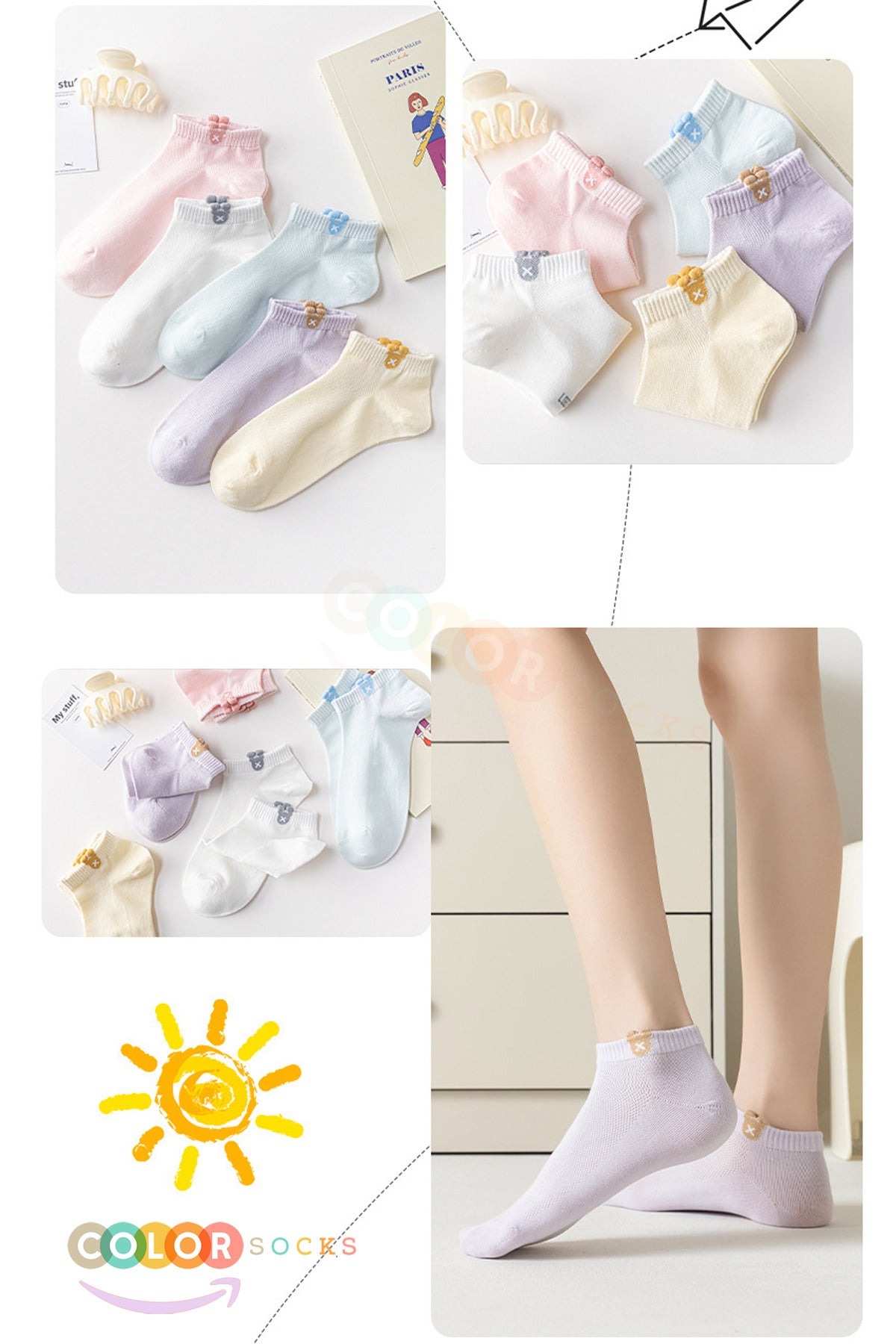 Color Socks 5'li Japon Kore Tarzı Kadın Kısa Patik Yazlık Çorap Çok Renkli