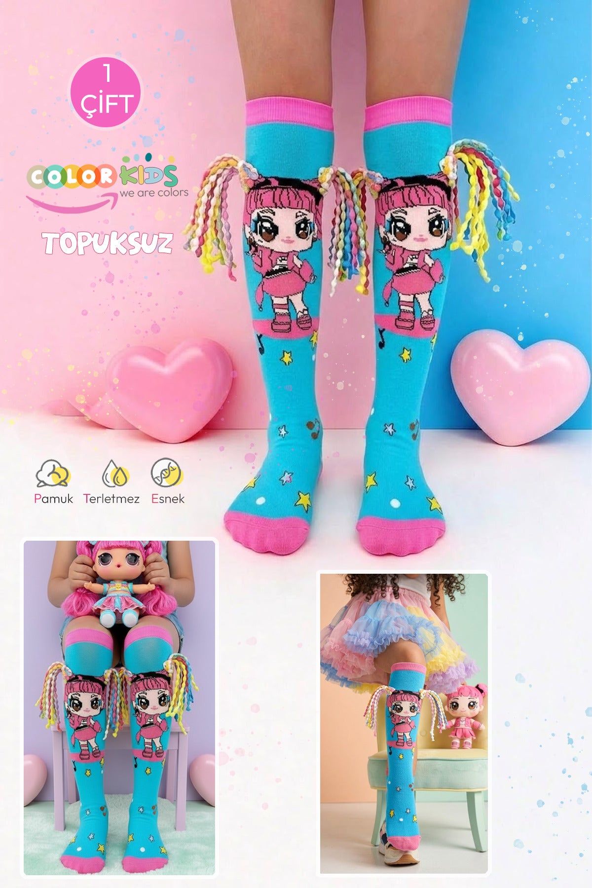 Color Socks 🎉1 Çift Örgü Saç Desenli Animasyon Kız Çocuk Çorap (Topuksuz) Turkuaz