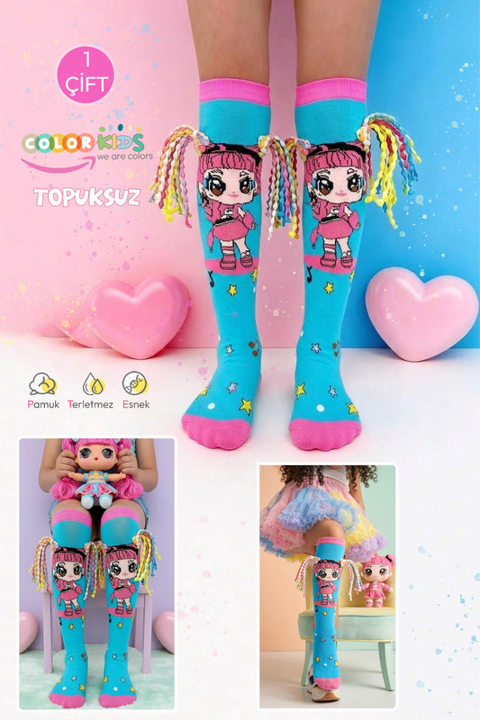 Color Socks 🎉1 Çift Örgü Saç Desenli Animasyon Kız Çocuk Çorap (Topuksuz) Turkuaz
