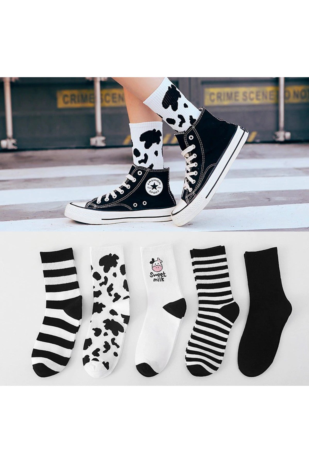 Color Socks 5 Çift Kadın Inek Desenli Çorap Beyaz Siyah