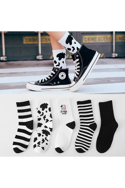 Color Socks 5 Çift Kadın Inek Desenli Çorap Beyaz Siyah