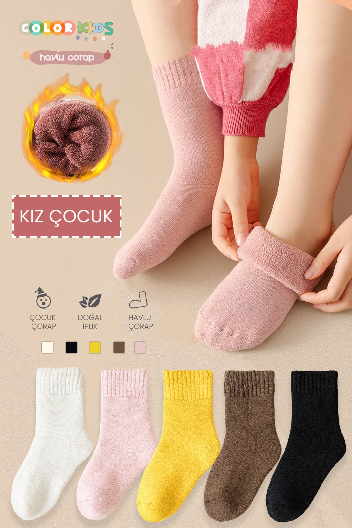 Color Socks 5 Çift Kışlık Kız Çocuk Havlu Çorap Seti (Isı Emici) Kız Renkleri