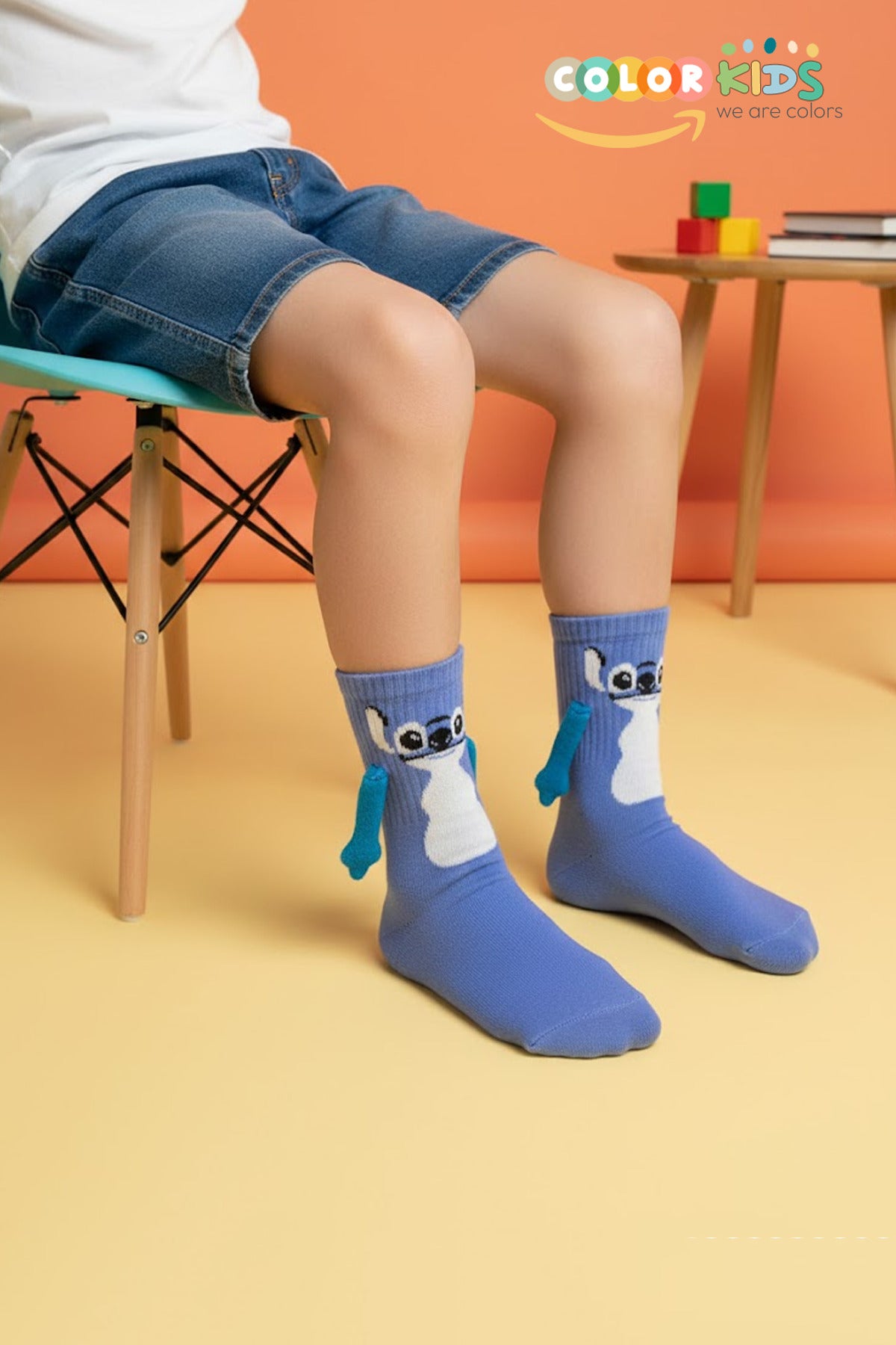 Color Socks 2 Çift Çocuk Stitch Desenli Mıknatıslı El Ele Tutuşan Topuksuz Çorap Çok Renkli