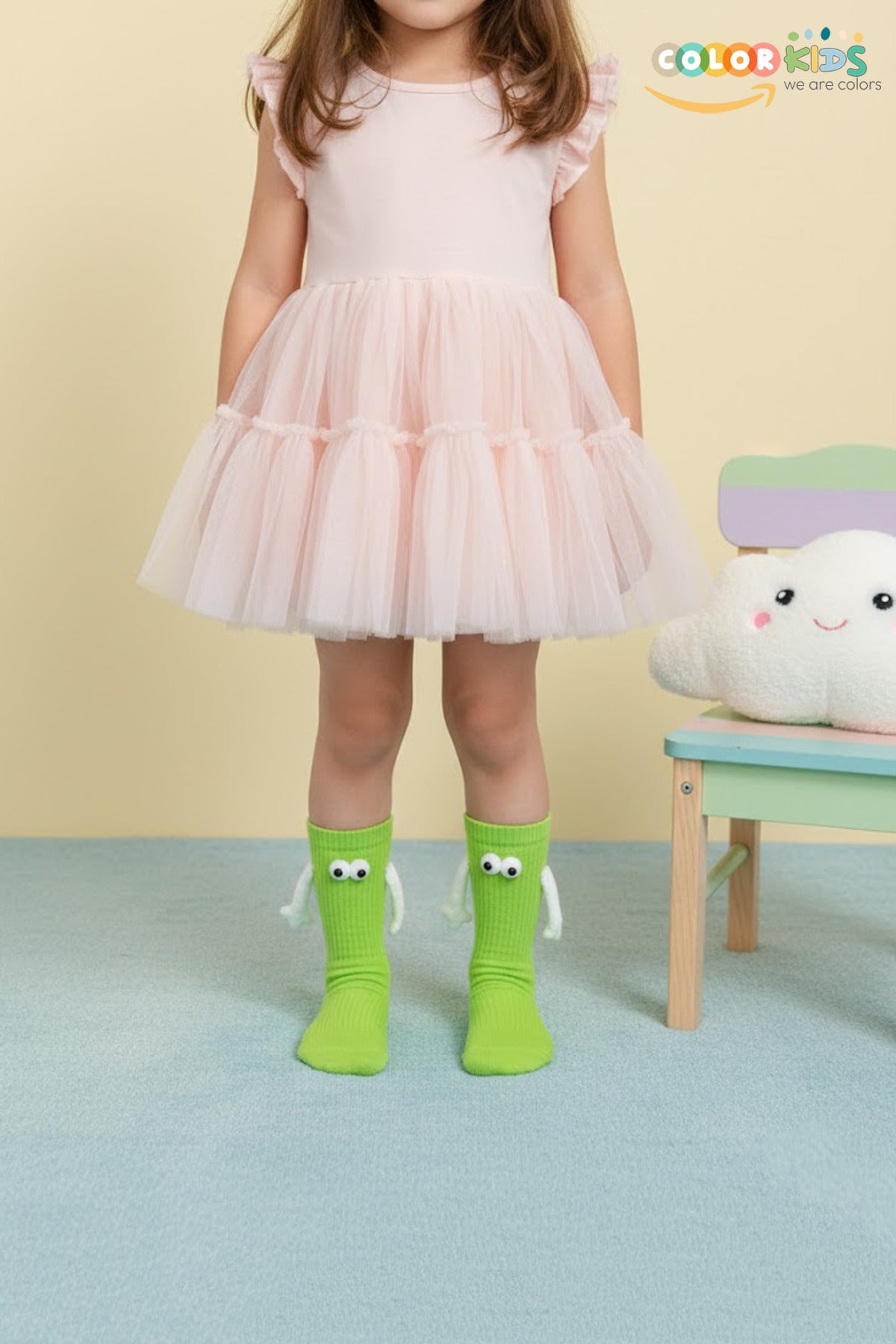 Color Socks Yeşil Çocuk Mıknatıslı El Ele Tutuşan Çoraplar (Topuksuz) Yeşil