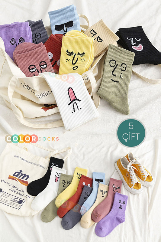 Color Socks 5'li Eğlenceli Surat Ifadeli Unisex Çorap Seti Çok Renkli