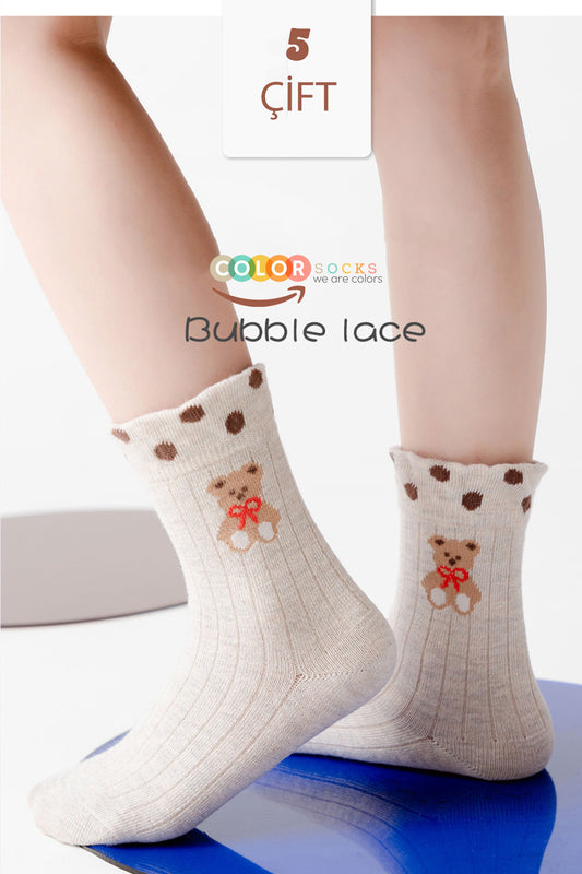 Color Socks 5 Çift Bear Desenli Kız Çocuk Çorap Seti (Extra Soft) Çok Renkli